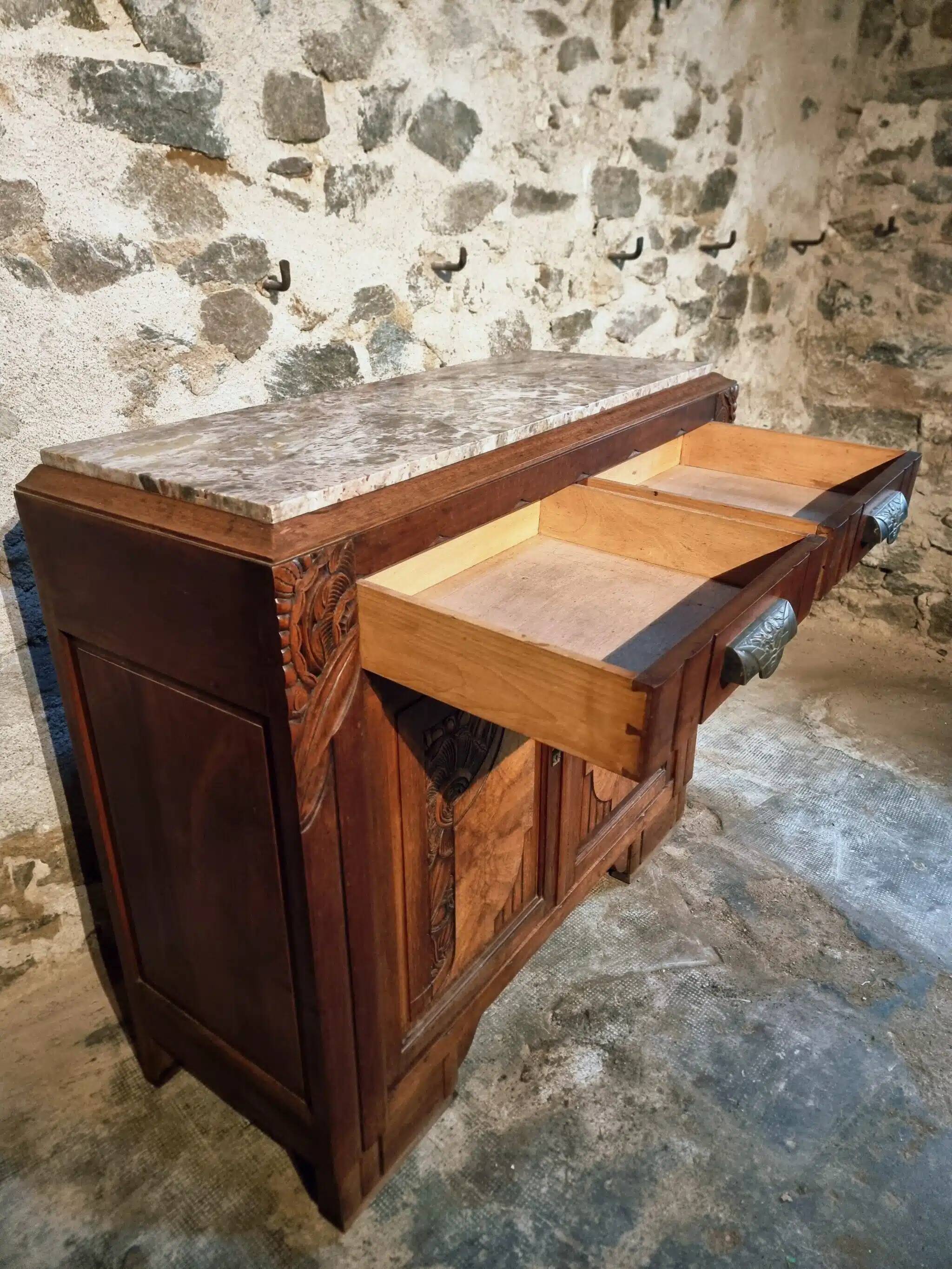 French Art Deco walnut sideboard with marble top (1920s)
