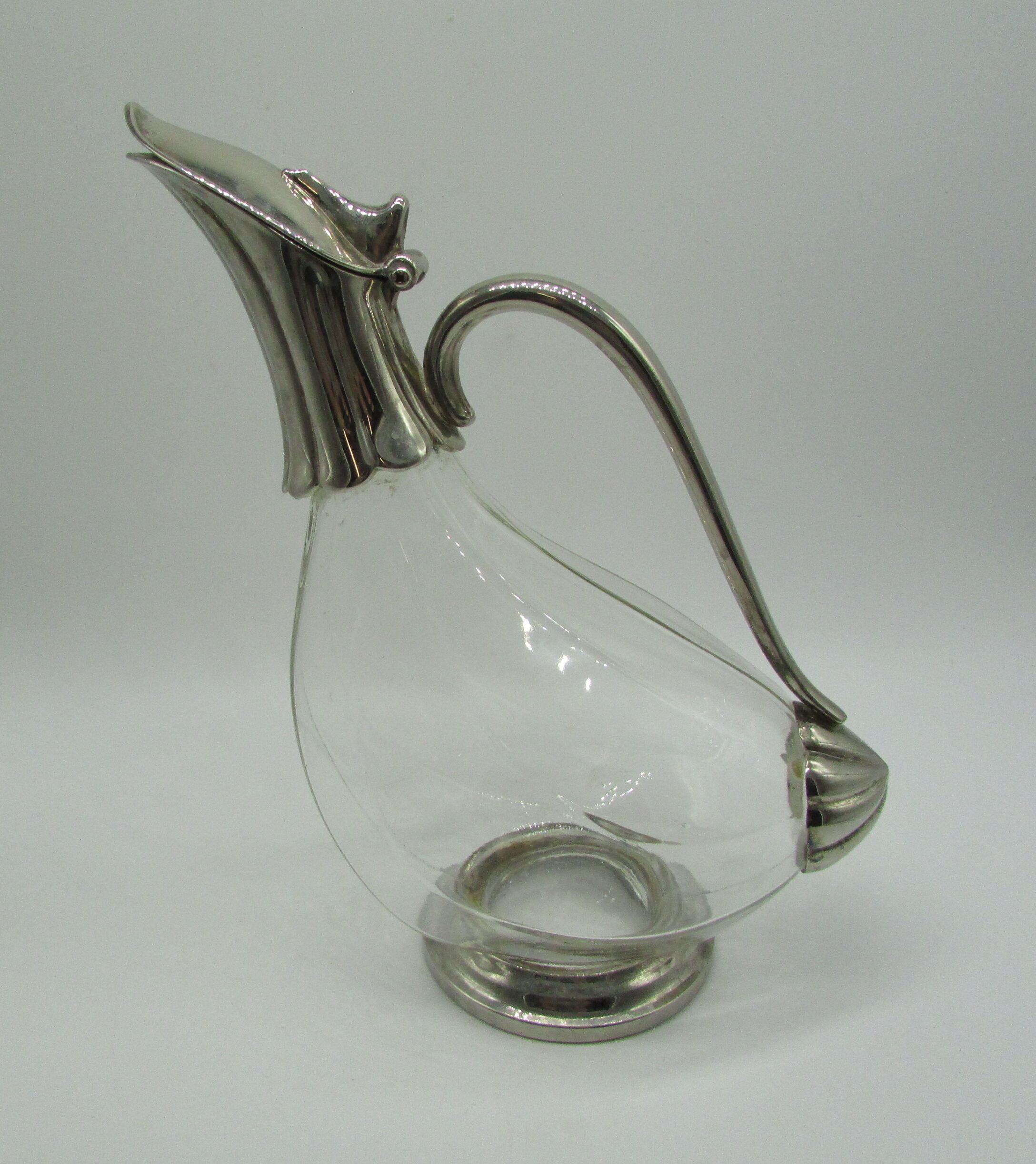 Decanter carafe glass and silver metal duck shape