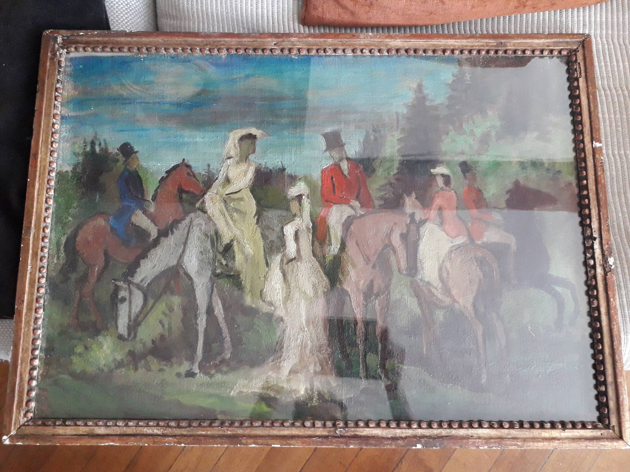 Old oil painting representing an equestrian scene