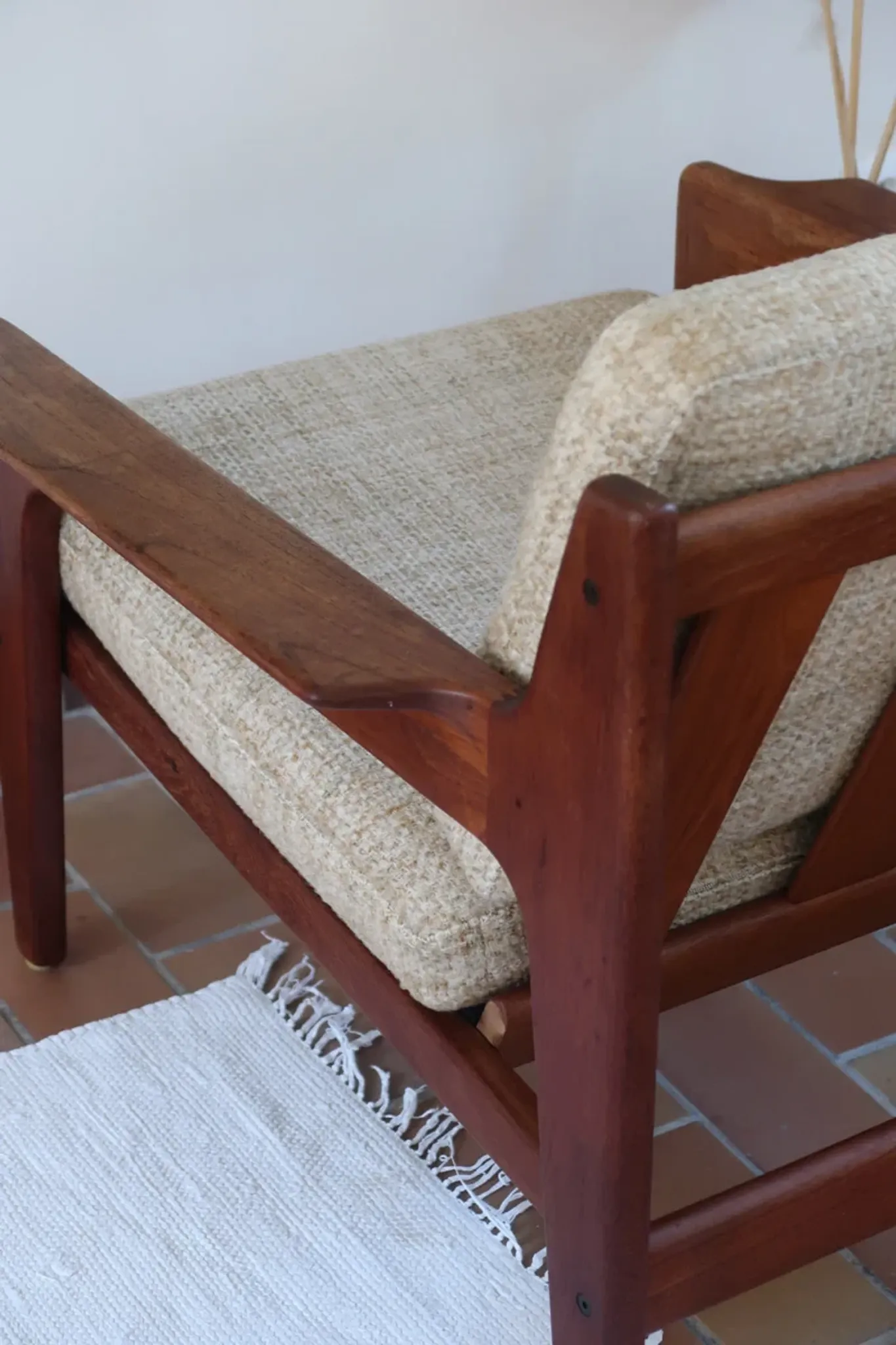 Scandinavian armchair, teak, beige fabric, 1960s.