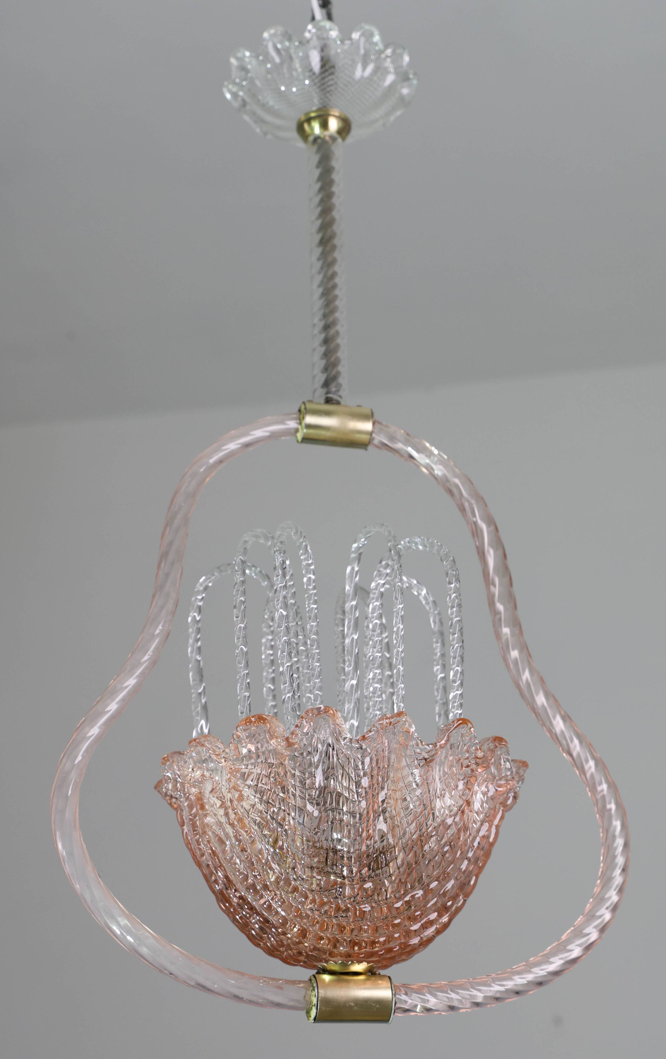 Charming Pink and Transparent Murano Glass Chandelier by Barovier e Toso, 1950s