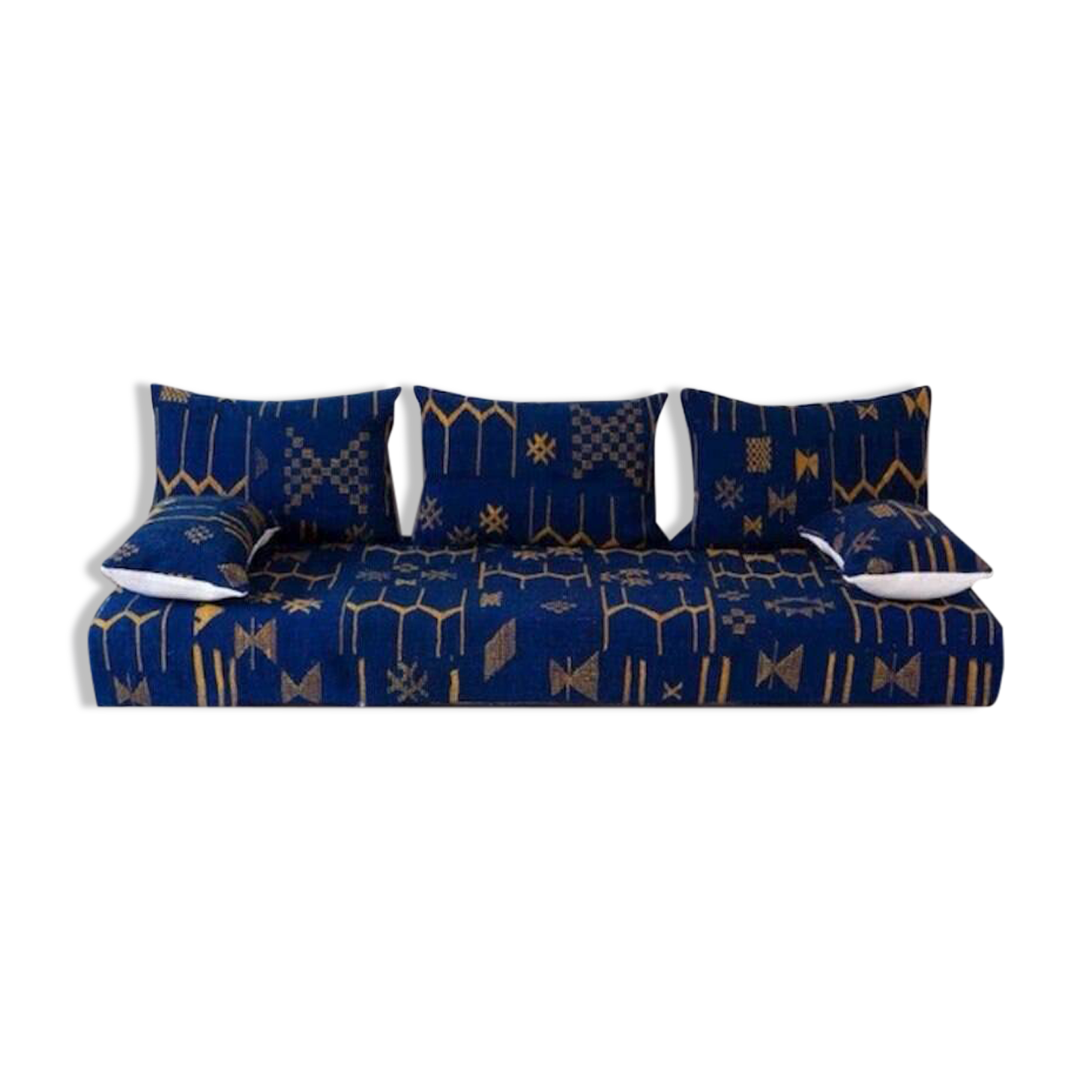 Handmade Moroccan Floor Sofa – Blue Hnibel with Golden Khormaz Patterns