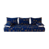 Handmade Moroccan Floor Sofa – Blue Hnibel with Golden Khormaz Patterns