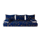 Handmade Moroccan Floor Sofa – Blue Hnibel with Golden Khormaz Motifs