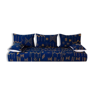 Handmade Moroccan Floor Sofa – Blue Hnibel with Golden Khormaz Patterns