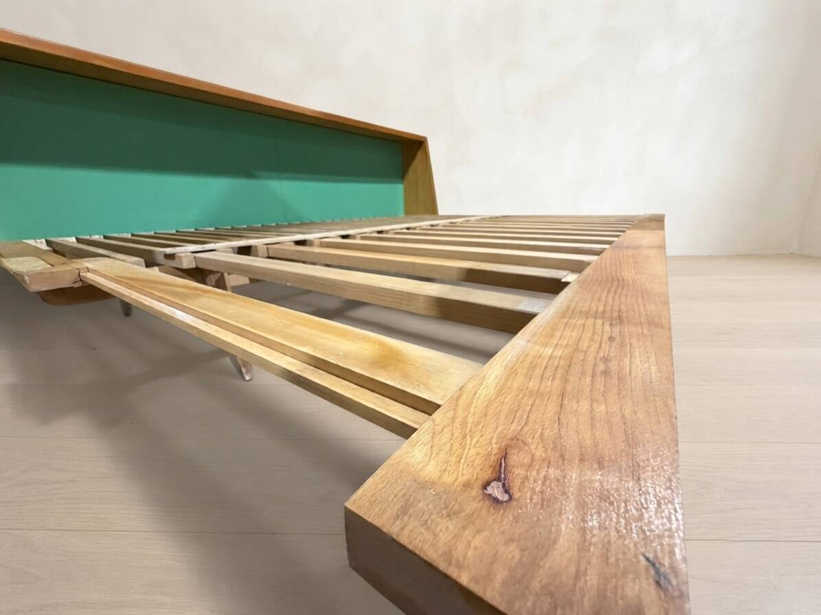 Mid-century wooden folding sofa bed frame, extendable daybed, Czechoslovakia, 190 × 151 × 77 cm