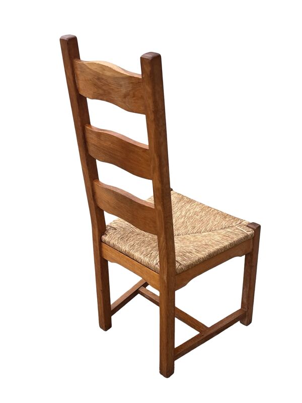 Ensemble vintage de 4 chaises de salle à manger en chêne et osier design des années 70, dossier haut.