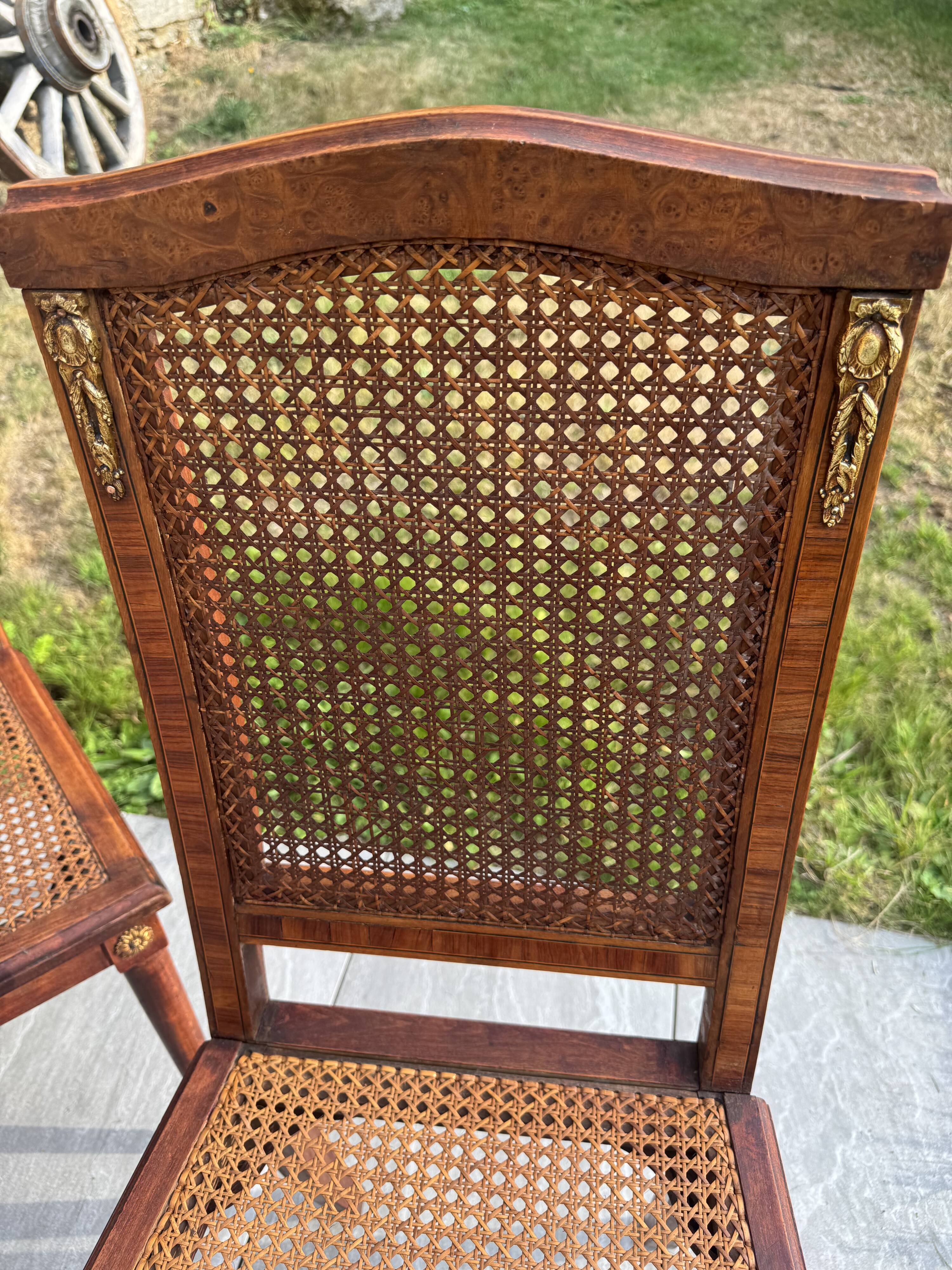 Set of four antique Louis XVI style chairs, wood and cane