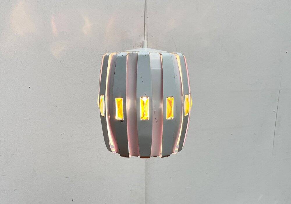 Metal pendant lamp and prism model in white mid-century by Werner Schou for Coronell Elektro, Denmark, 1960s.