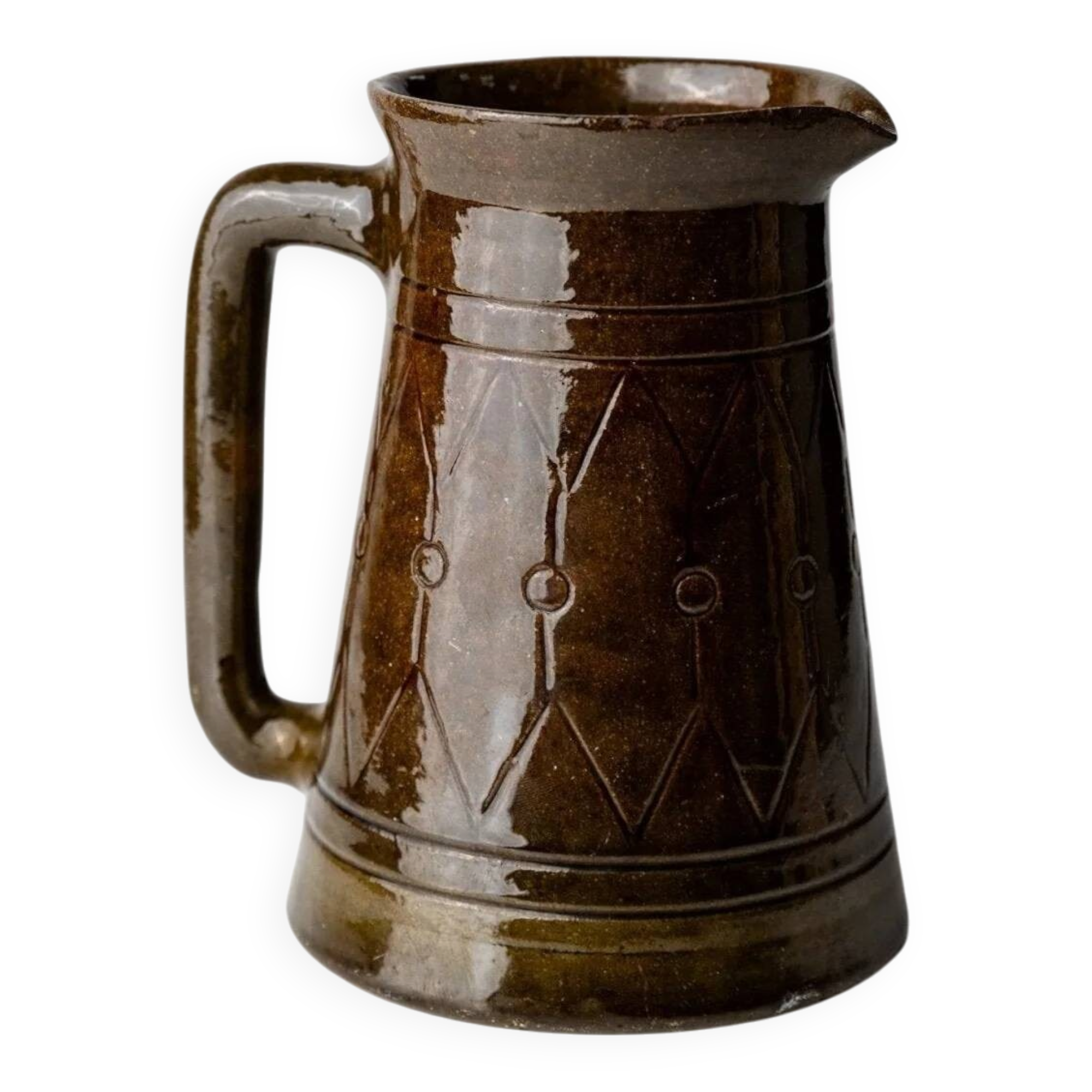 Vintage ceramic pitcher or vase with handle by Urbano Fontana, relief, brown glaze, Italy 1970s.