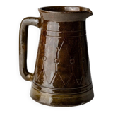 Vintage ceramic pitcher or vase with handle by Urbano Fontana, relief, brown glaze, Italy 1970s.