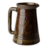Vintage ceramic pitcher or vase with handle by Urbano Fontana, relief, brown glaze, Italy 1970s.