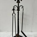 20th century wrought iron and bronze fireplace set