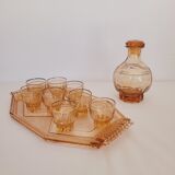 Pink glass liquor set carafe, glass and tray