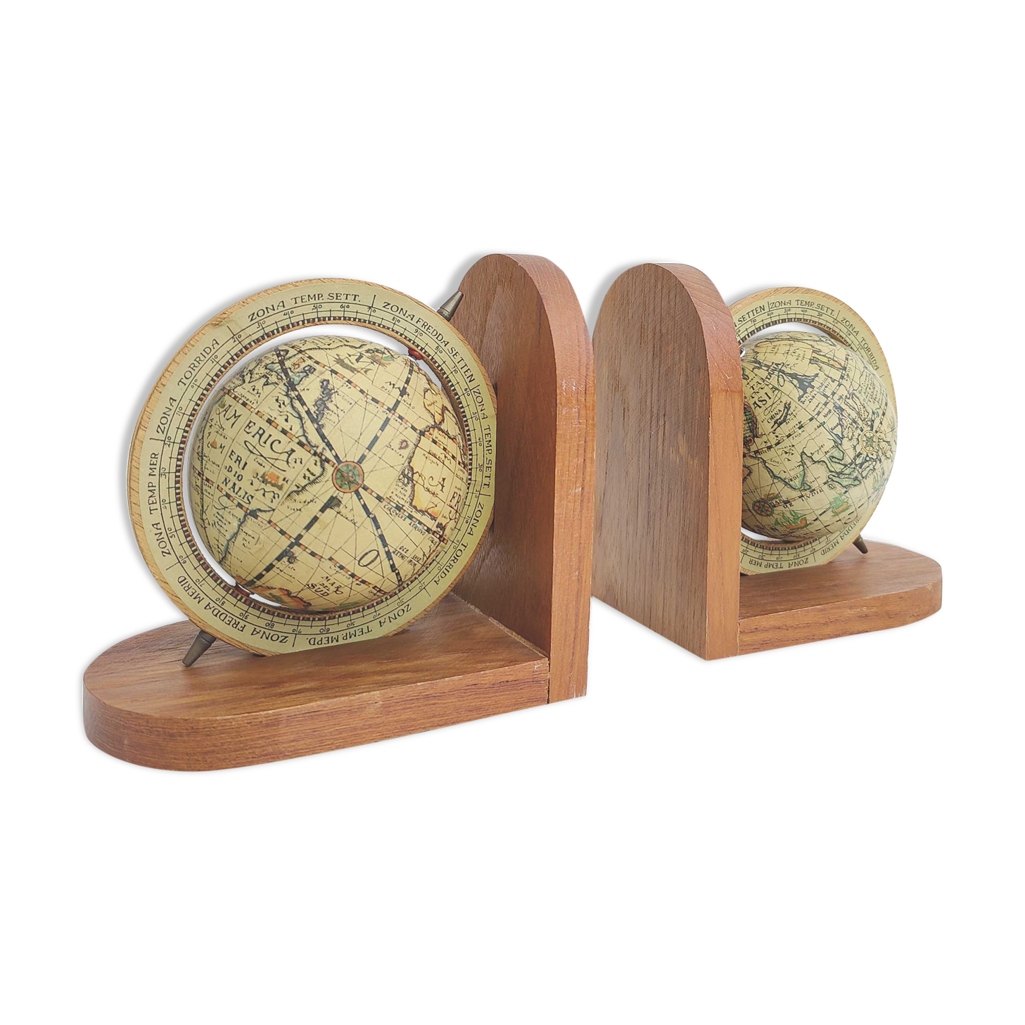 Pair of bookends globe world map wood paper