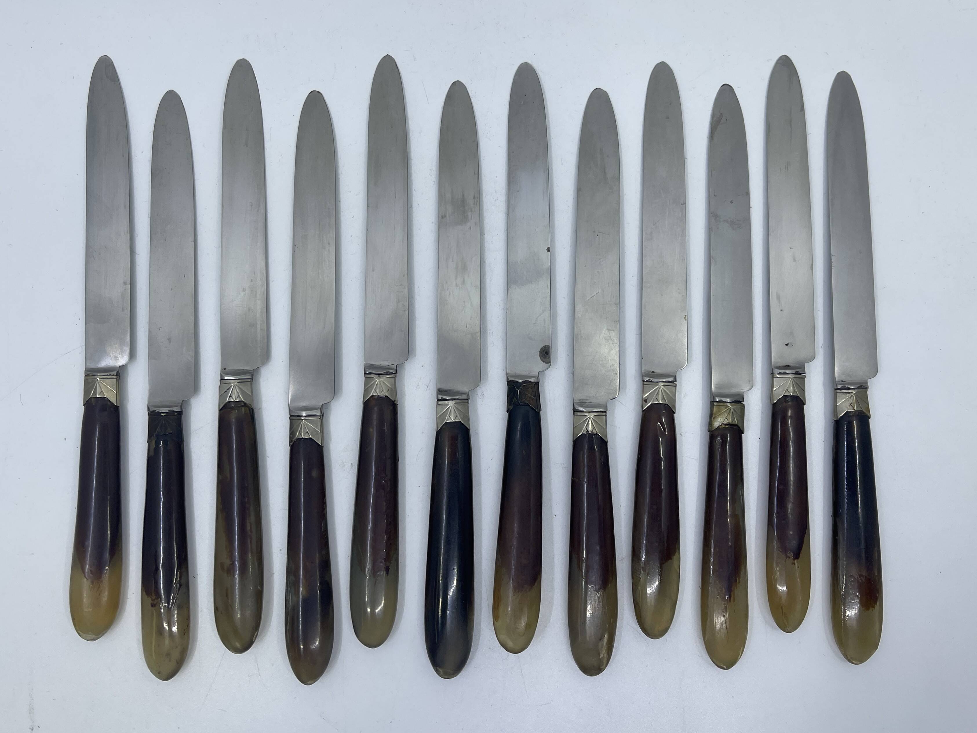 Set of 12 dessert knives with two-tone horn-effect resin handles.