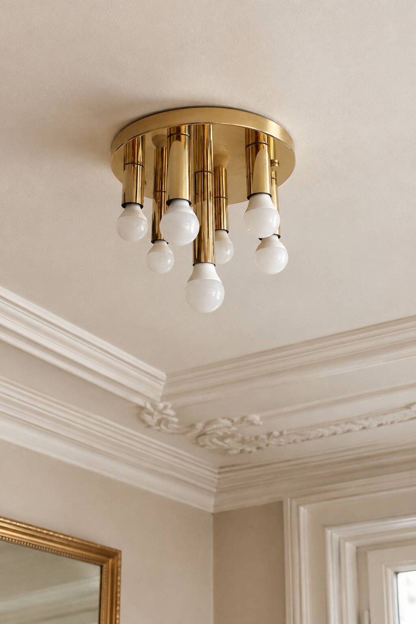 Mid-century ceiling light, brass by Solken Leuchten, 7 lamps.