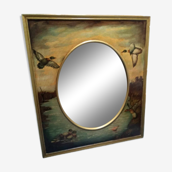 Miroir ovale dans cadre motif canards