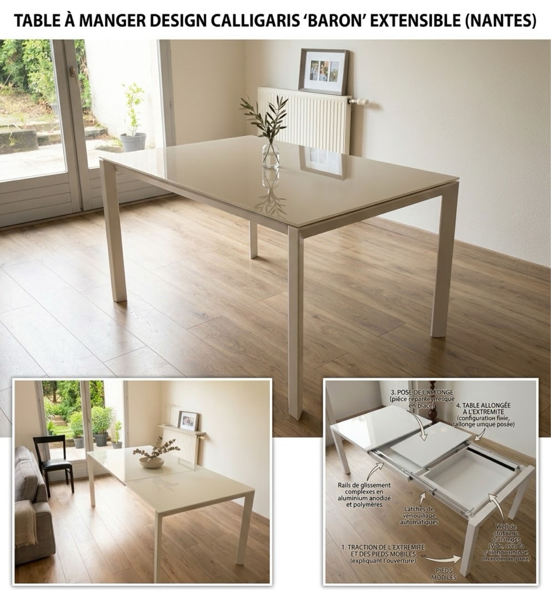 Extendable dining table 'Baron' by Calligaris, glass and metal
