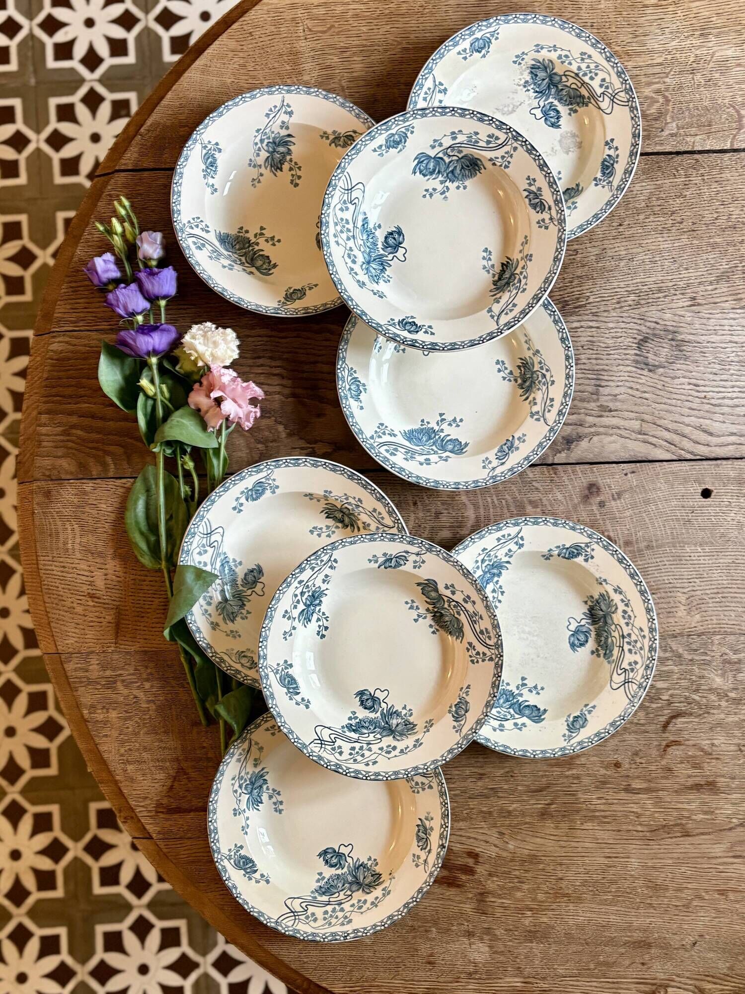Set of 8 antique deep plates in ironstone, Royat from Sarreguemines.