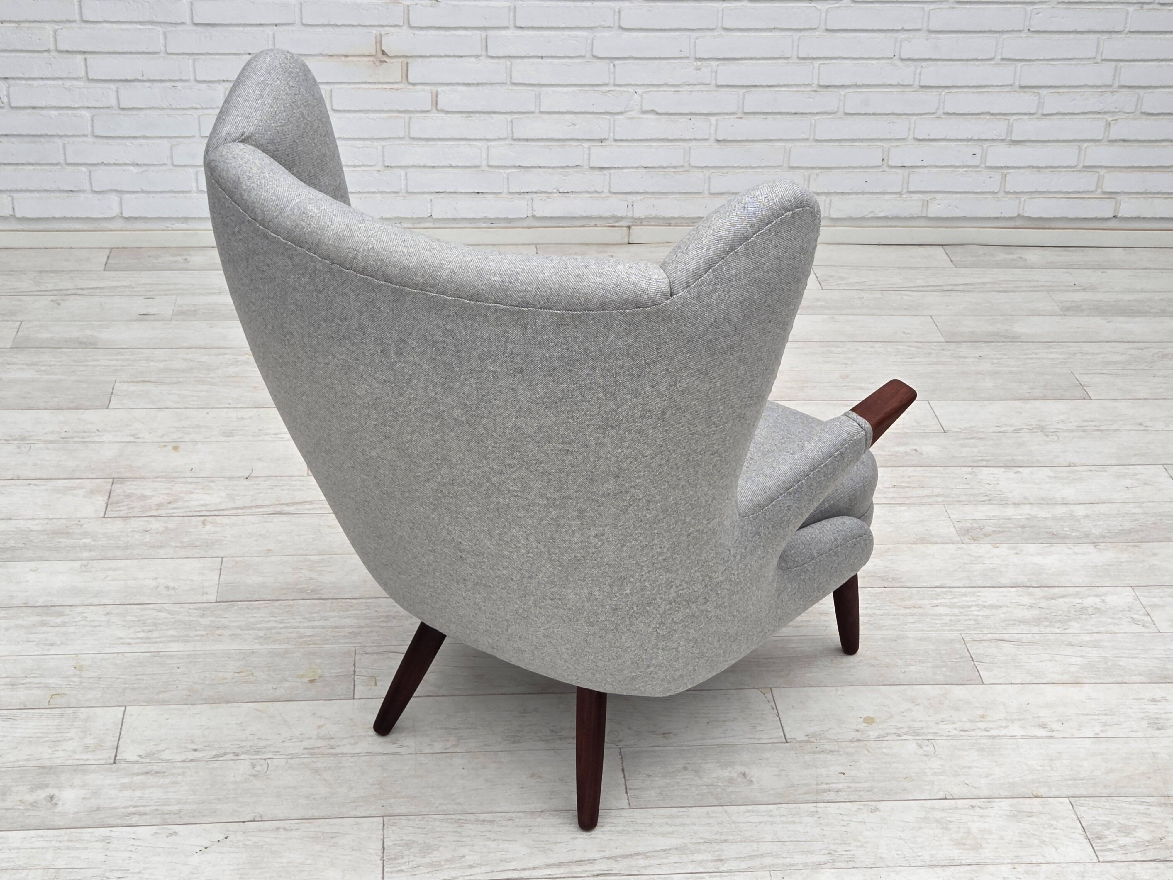 1960s, Danish "Teddy chair" with stool, reupholstered, wool, teak wood.