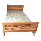 Vintage 1970s single rattan bed in blond wood
