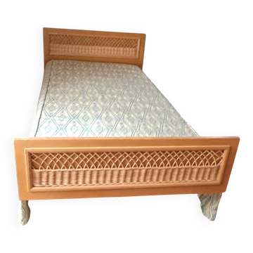 Lit rotin une place vintage années 1970 en bois blond