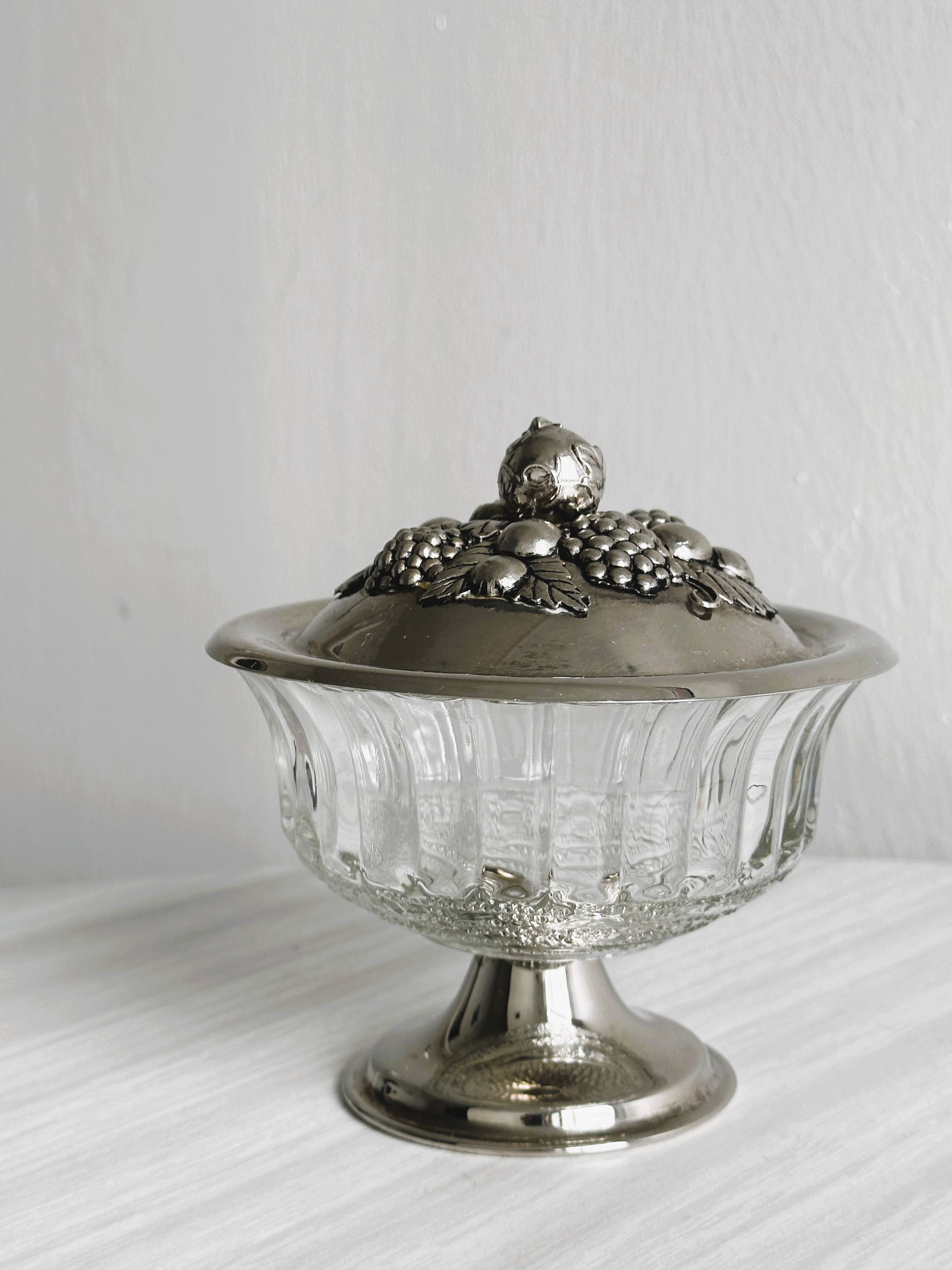 Antique sugar bowl in pressed glass and silver-plated metal
