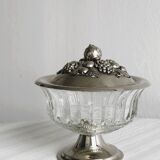 Sucrier ancien en verre pressé et métal argenté