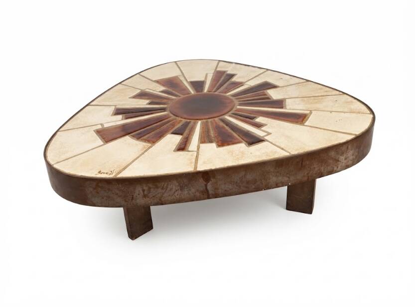 Vintage coffee table in ceramic and metal, signed Barrois.
