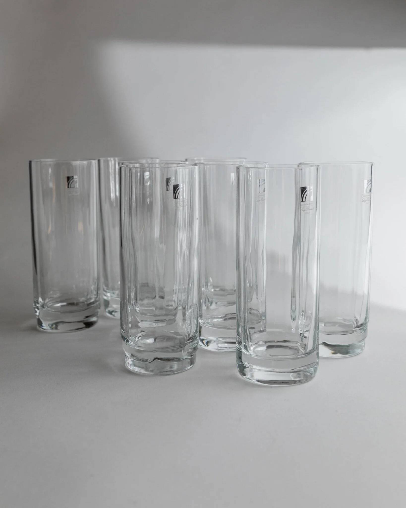 Clear crystal flower-shaped longdrink glasses – Vintage 1980s Luigi Bormioli, Italy, Set of 8