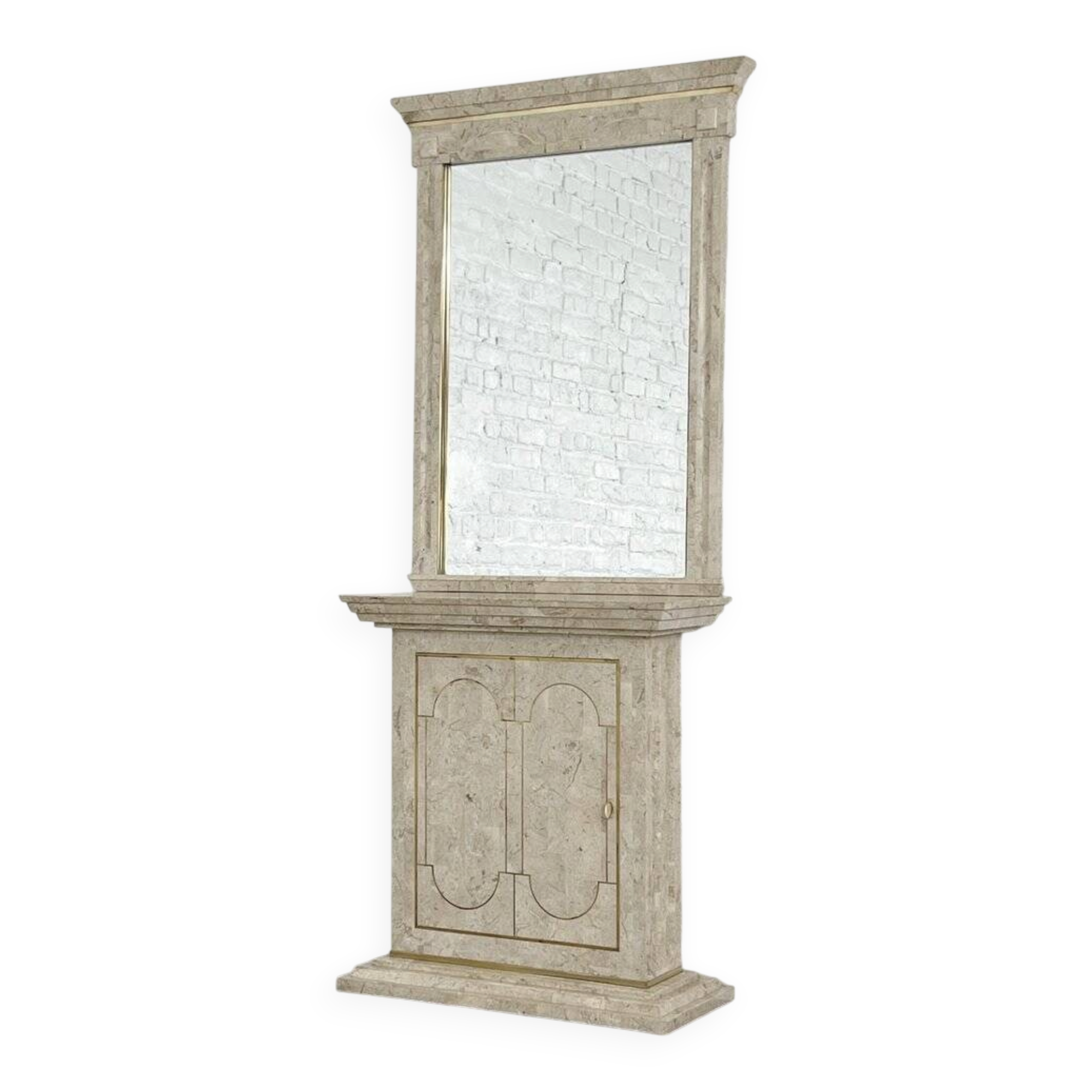 Ensemble console et miroir des années 80 en marqueterie de pierre et laiton