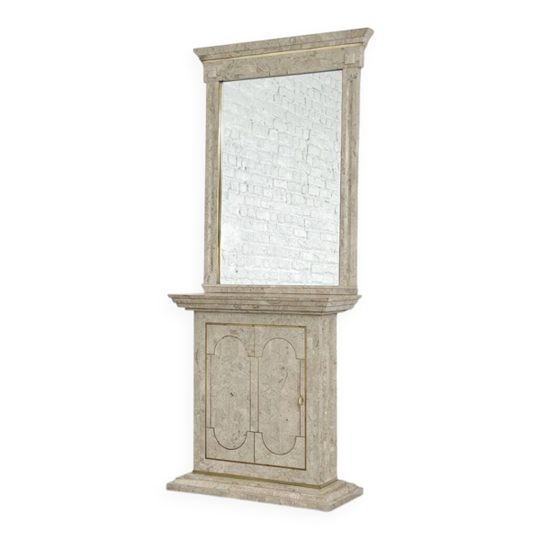 Ensemble console et miroir des années 80 en marqueterie de pierre et laiton