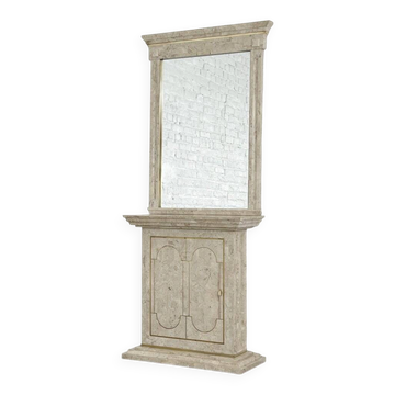 Ensemble console et miroir des années 80 en marqueterie de pierre et laiton