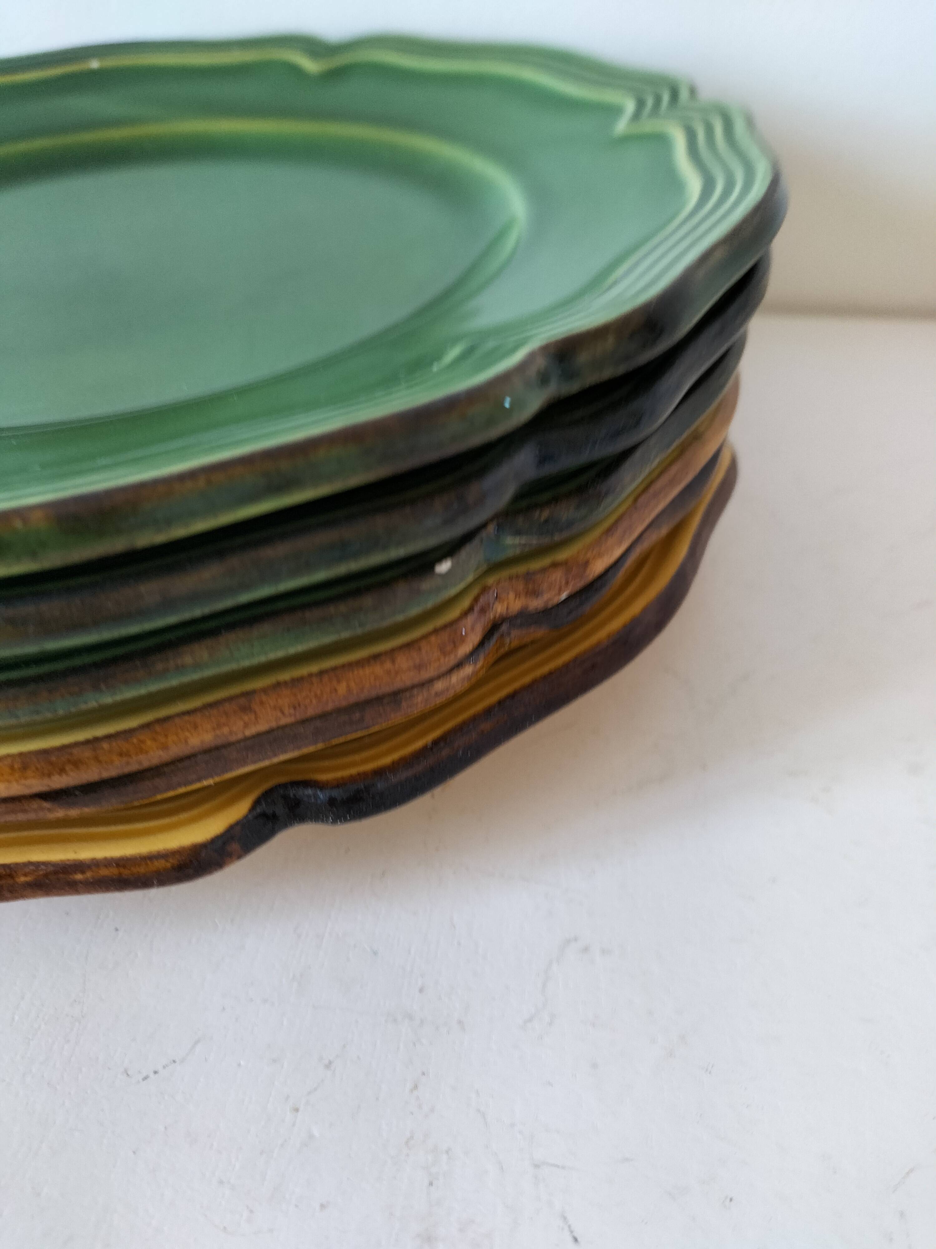 6 Dieulefit plates R. Milon green and yellow glazed earthenware