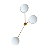 Italian Mid Century Chandelier in Brass 3 arms and opaline glass bowls