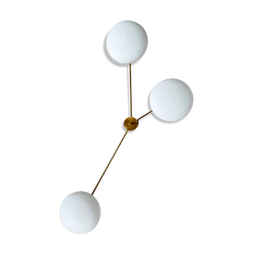Italian Mid Century Chandelier in Brass 3 arms and opaline glass bowls