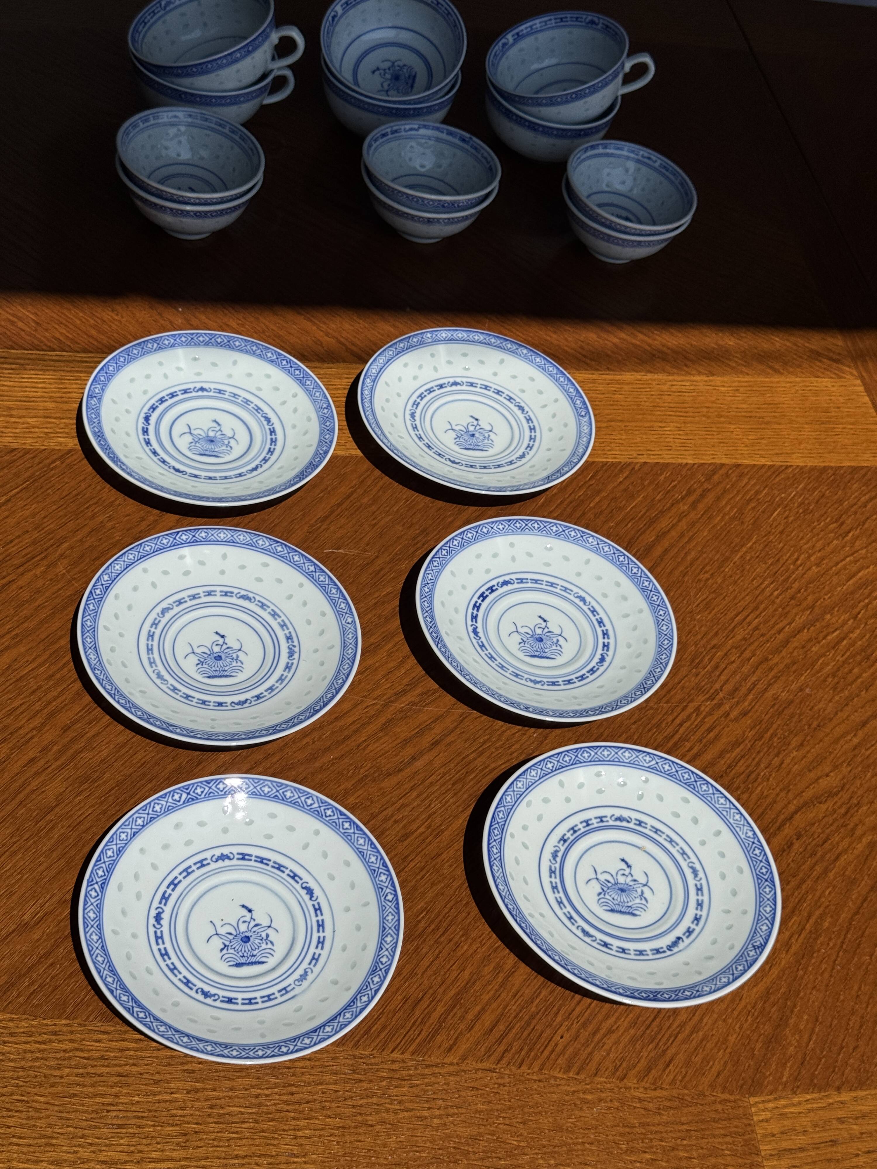 Small Chinese blue and white tea set for 6 cups and saucers.