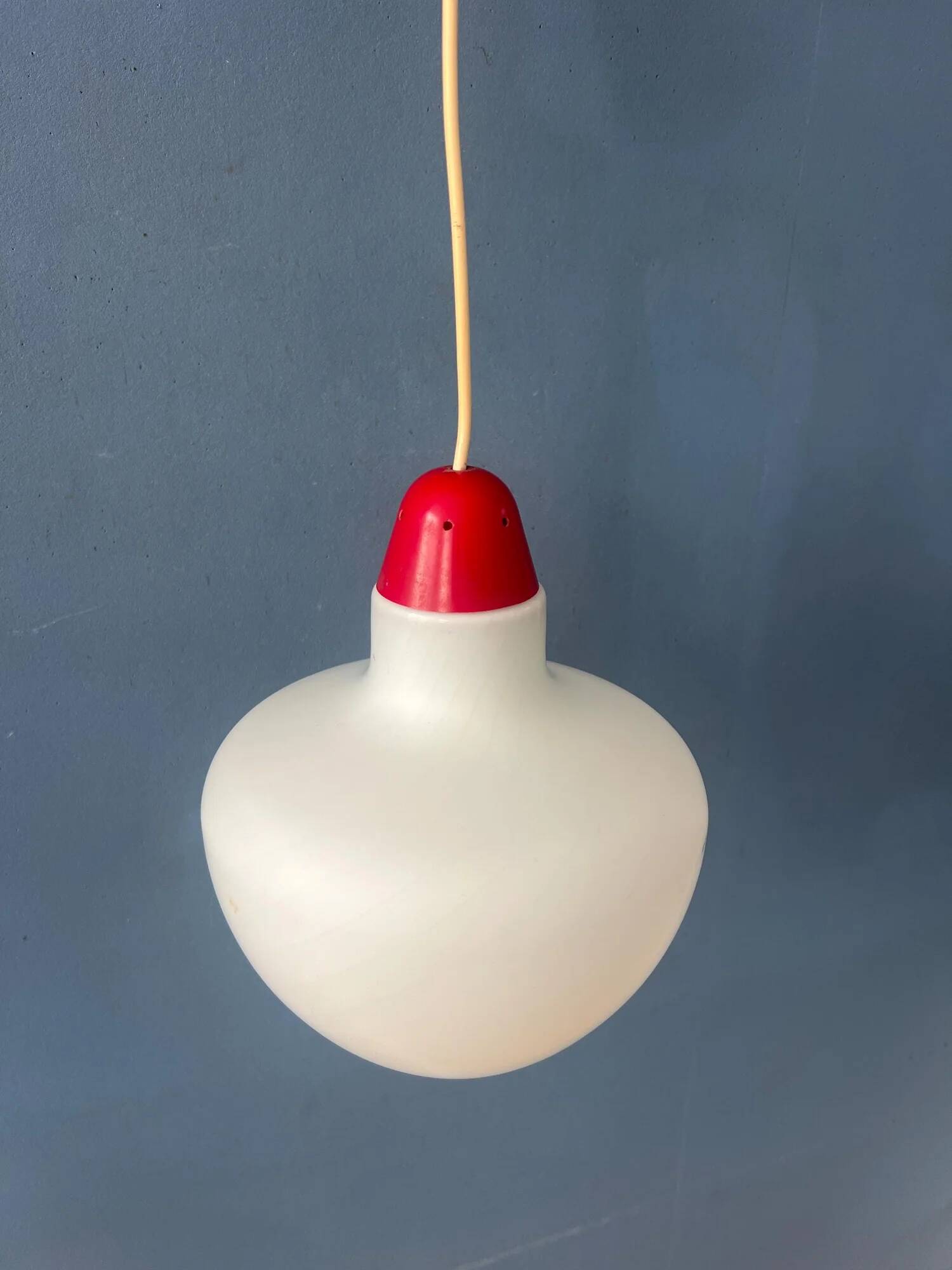 Vintage opal glass pendant light with red top and ceiling cover