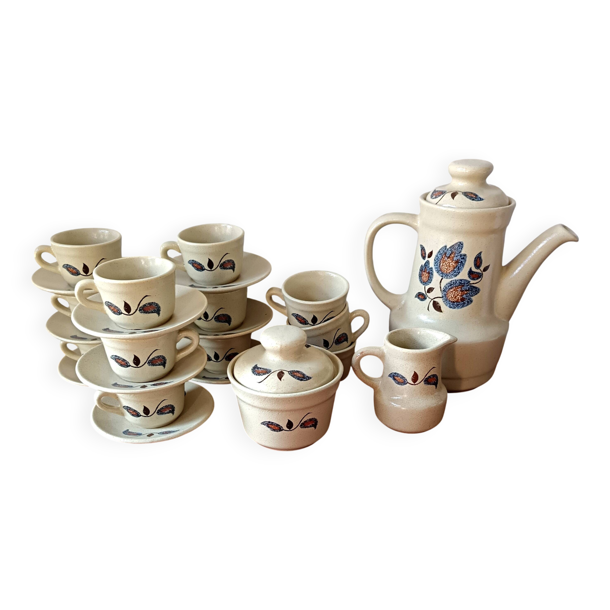 Vintage floral pattern stoneware coffee set, Saint-Amand Sologne earthenware