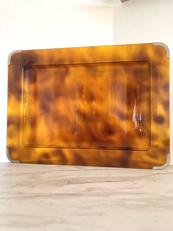 Plateau de service vintage en lucite façon écailles de tortue - Années 70