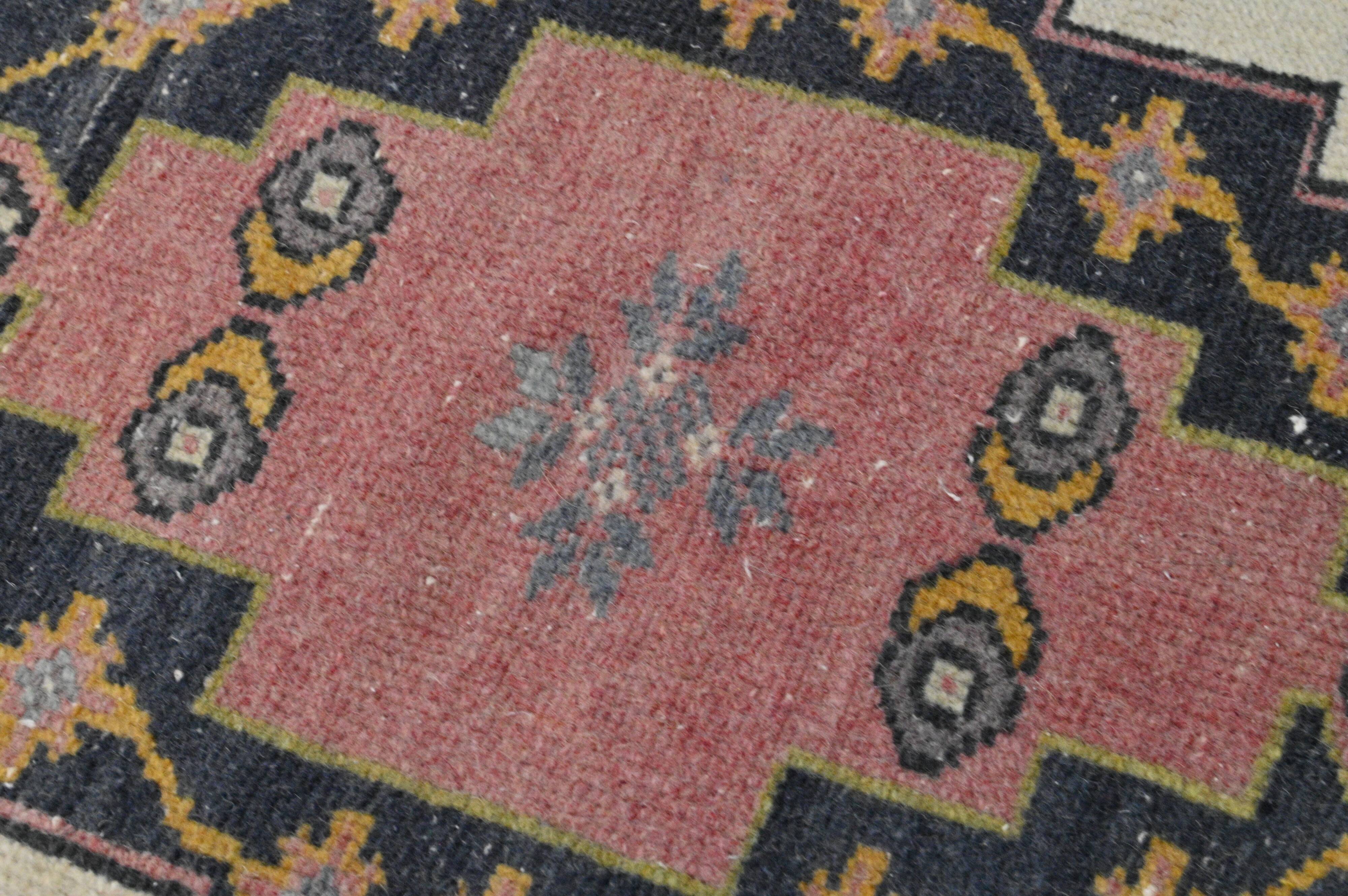 Vintage Turkish rug 134x240 cm, pink and navy blue tones, handmade wool