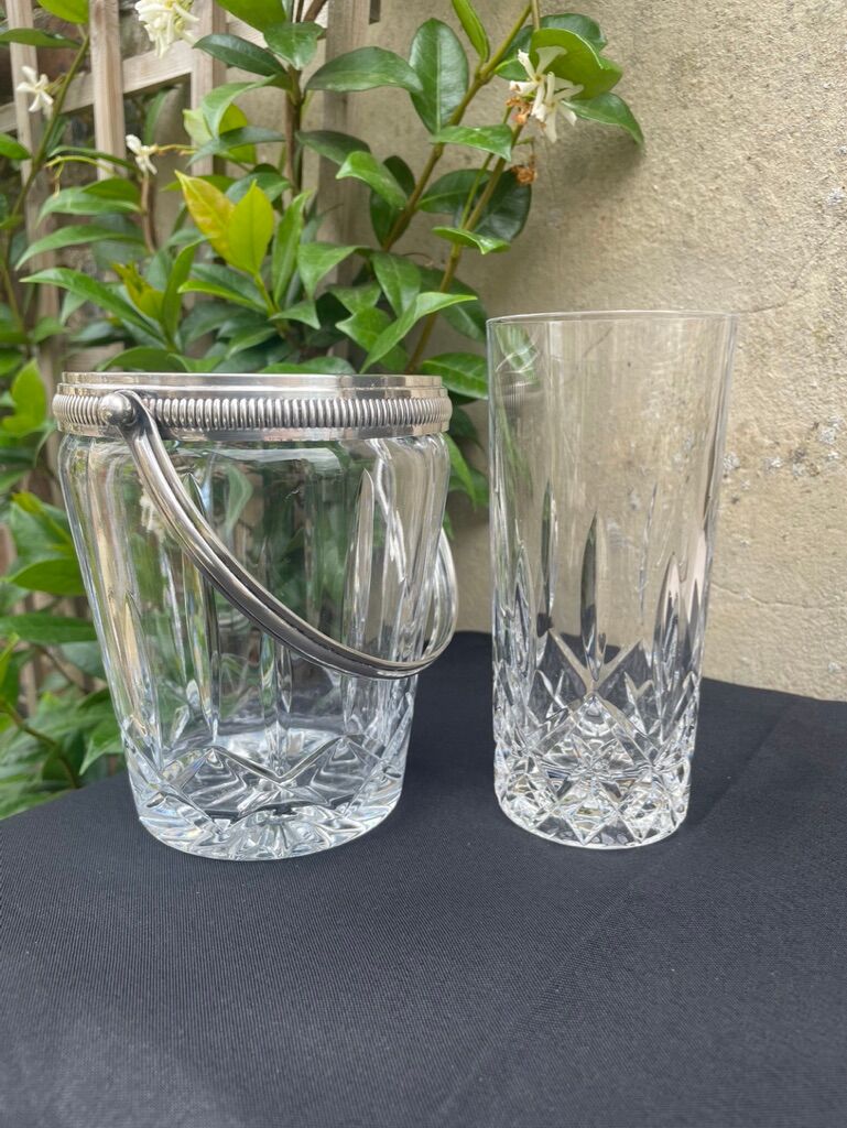 Ice bucket with spoon and glass – cut crystal and silver metal