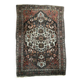 Antique handmade Hamadan Persian rug, ivory medallion on dark background 148x103.