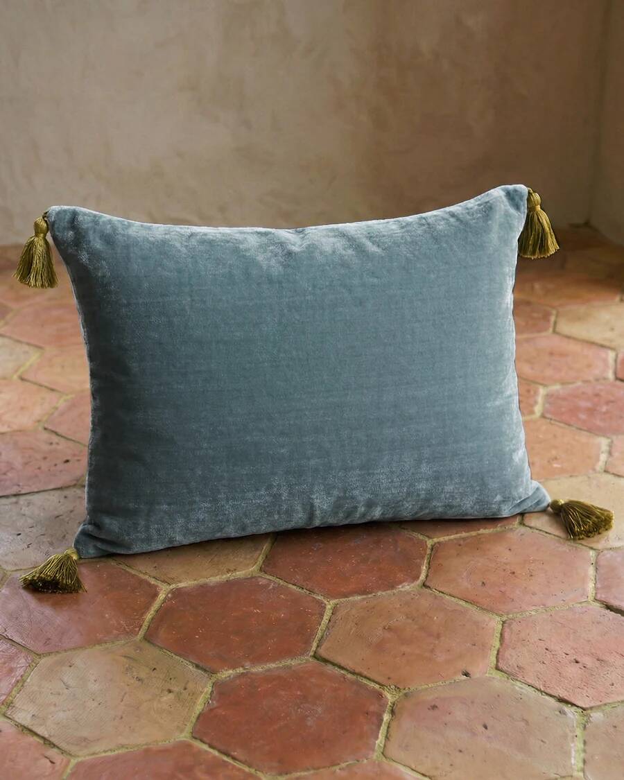 Silk velvet cushion with pom poms | Light blue Sifnos