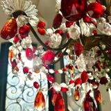 Antique chandelier with red crystal pendants, 9 lights.