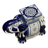Elephant stool in glazed ceramic in cobalt blue and ivory colors