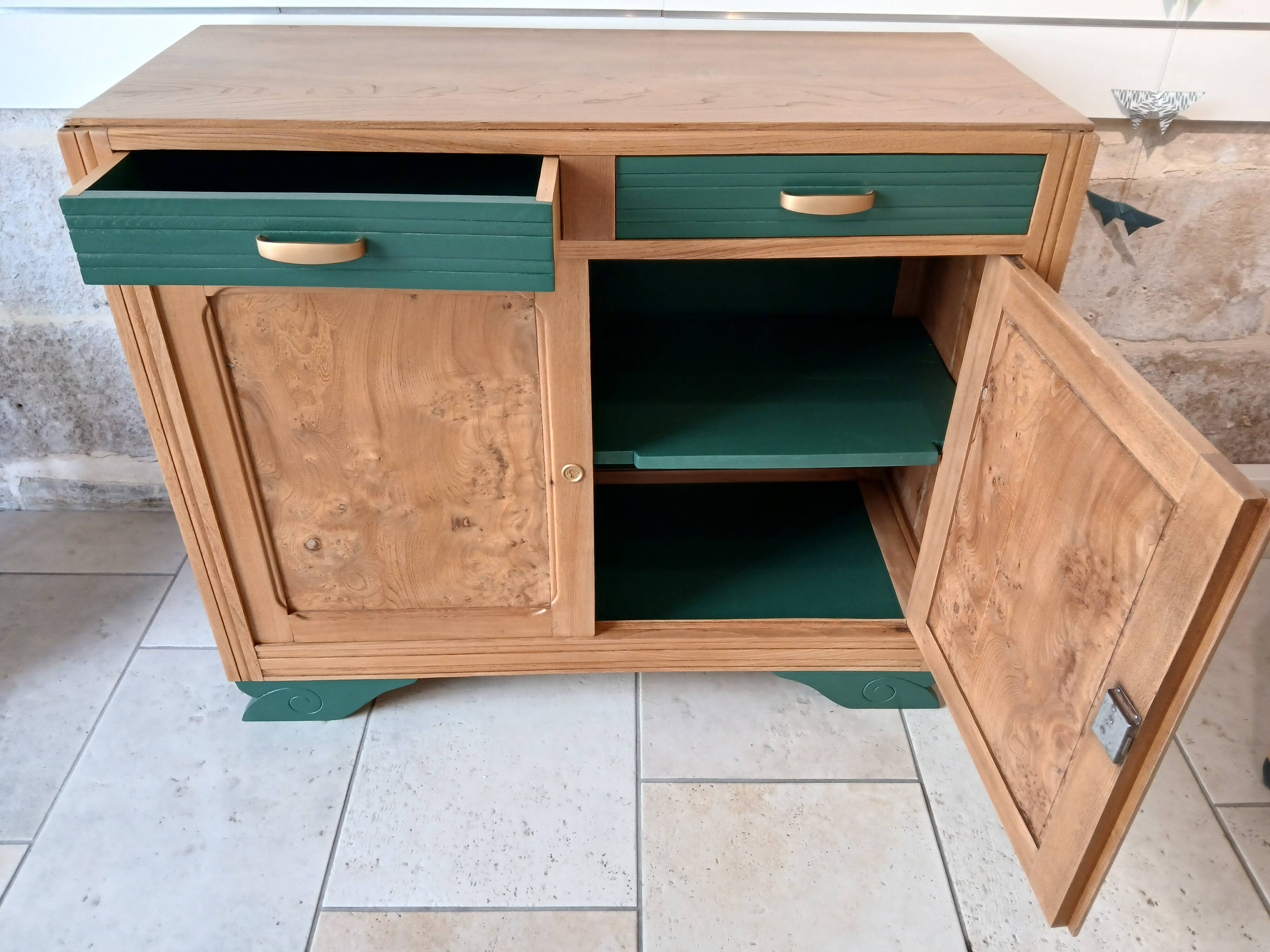 Buffet in elm burl, restyled in green and wood