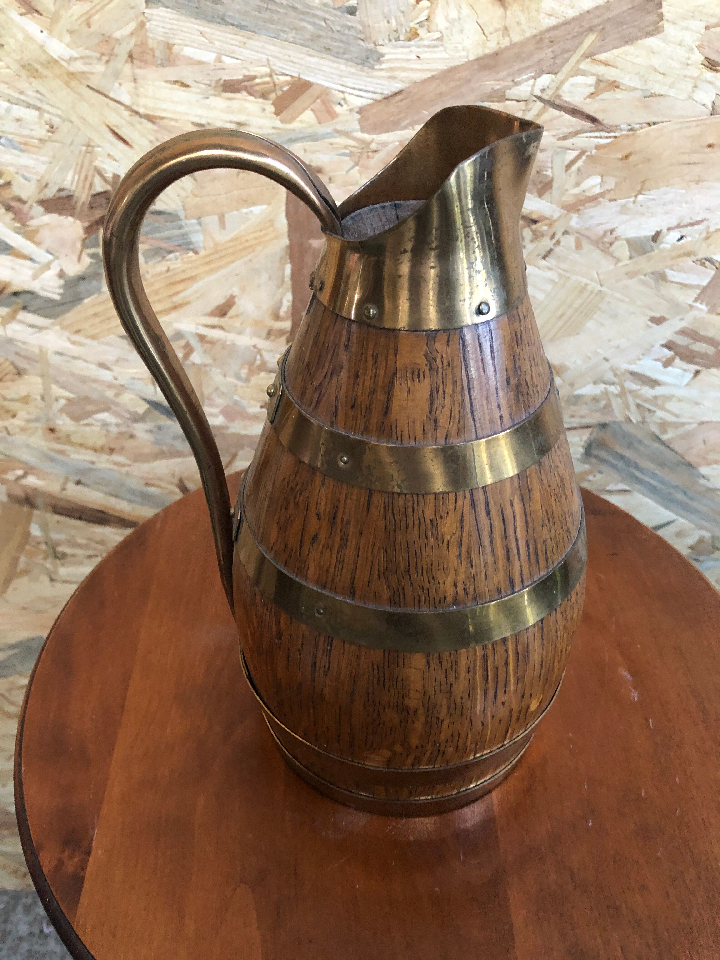 Old pitcher wood + strapping gold metal tableware style xixth vintage