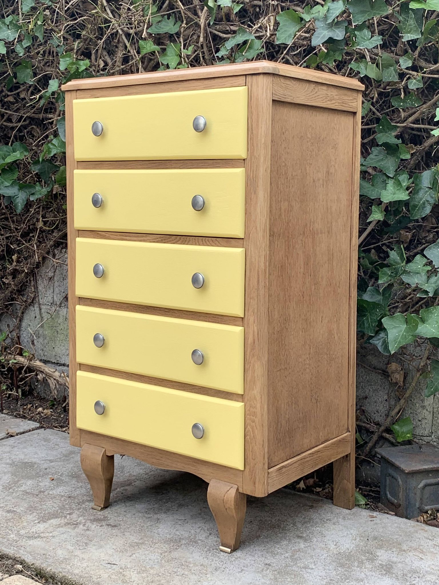 Art Deco chest of drawers in raw oak and yellow
